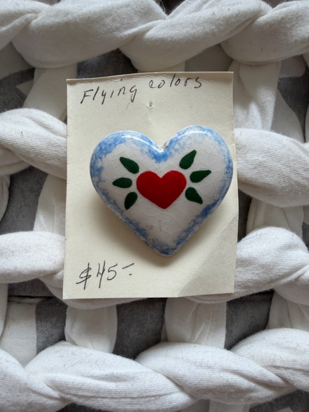 VINTAGE FLYING COLORS Hand-Painted Heart Ceramic Pin — Red, Green & Blue